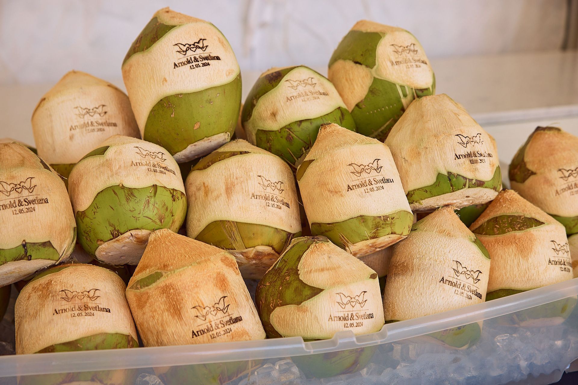 A bunch of coconuts are sitting on top of each other in a plastic container.