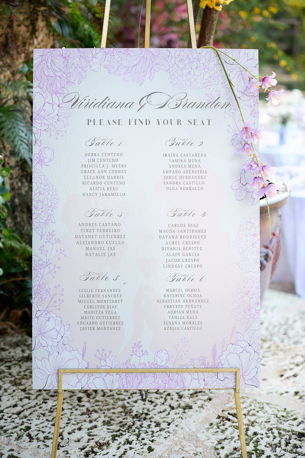 Wedding seating chart on a gold easel, lavender floral border. Lists guests by table.