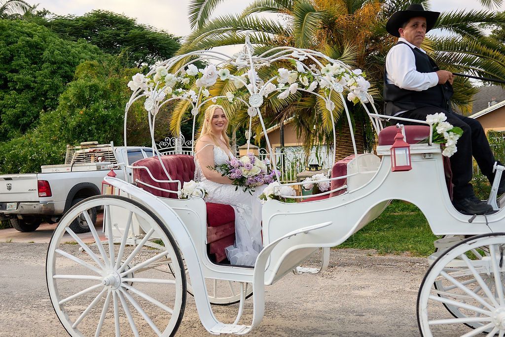 Bride in white horse-drawn carriage adorned with flowers, driver in formal attire, outdoor setting.