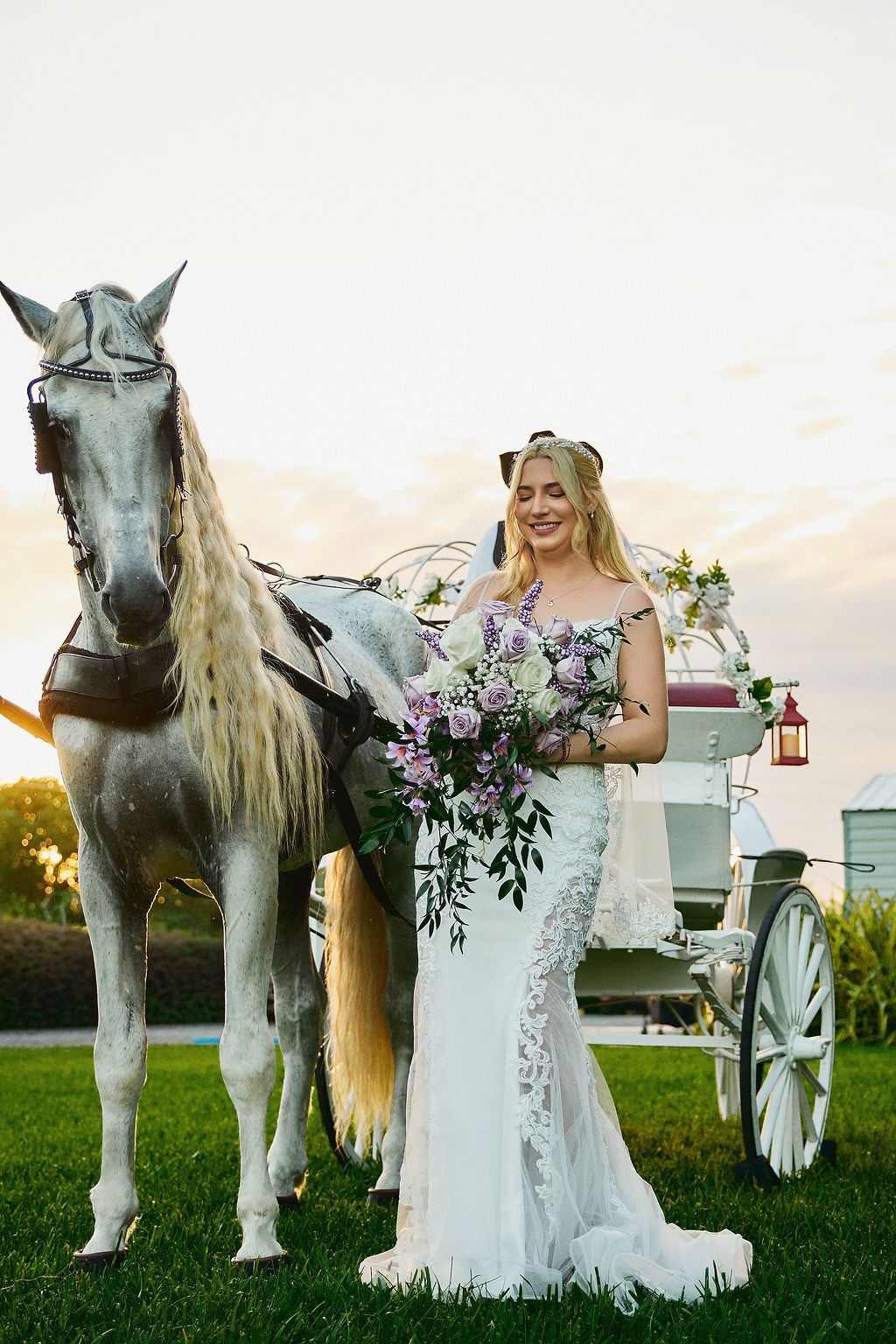 Bride in a white dress with a horse-drawn carriage holding a bouquet. The setting is on a green lawn with a sunset.