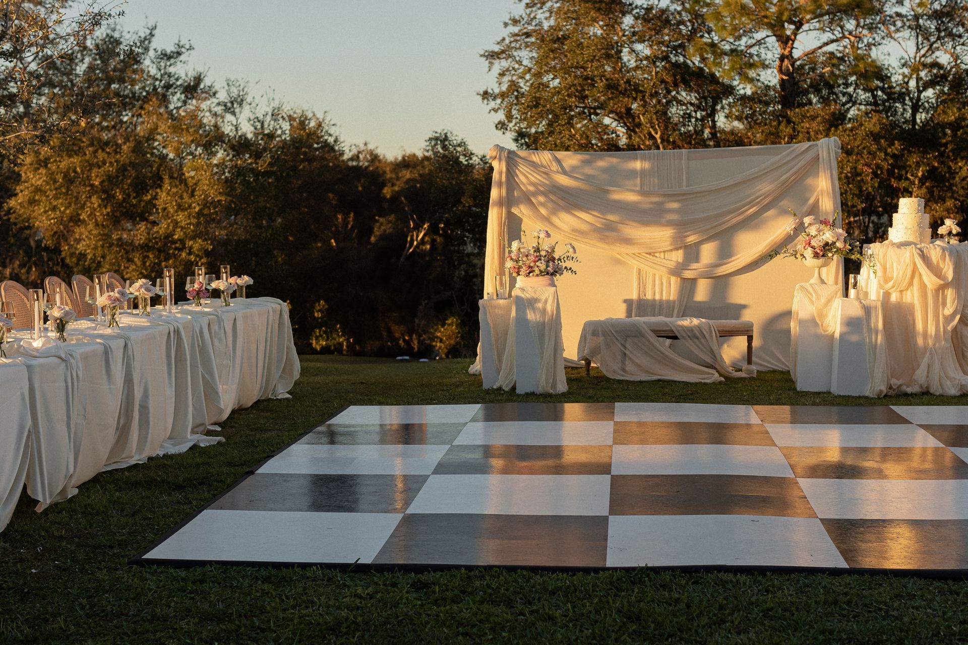 Modern Pakistani wedding stage with custom floral backdrop in Orlando, Florida