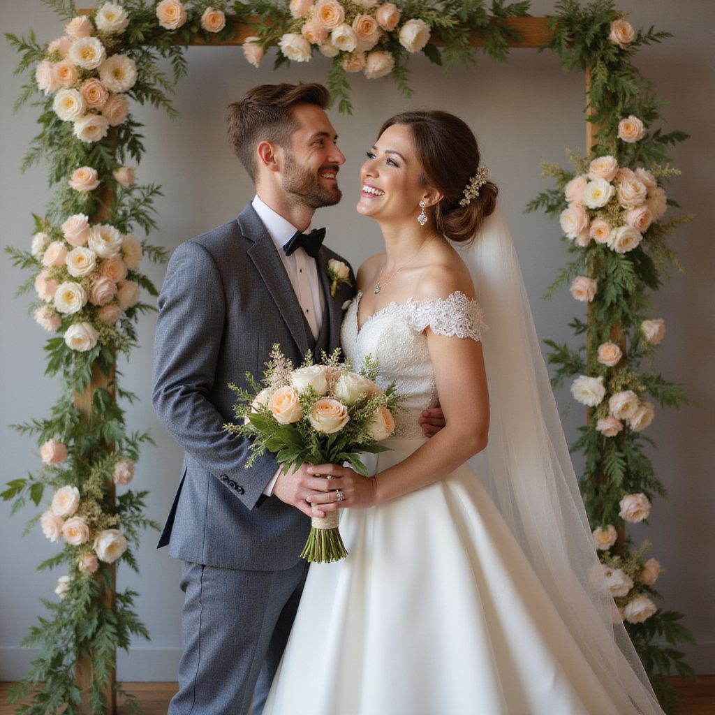 Bride and groom smile, posing in front of a flower arch; she wears a white gown, he a gray suit.