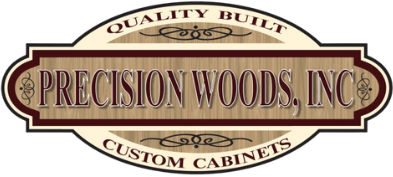 The logo for precision woods inc. is a wooden sign that says quality built custom cabinets.