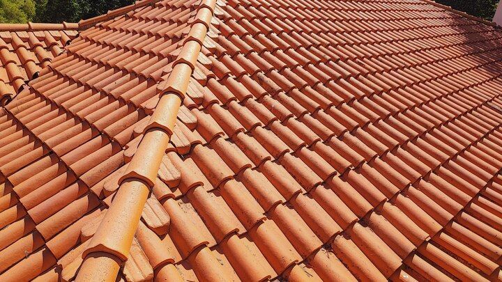 Red terracotta tile roof with a central ridge under sunlight.