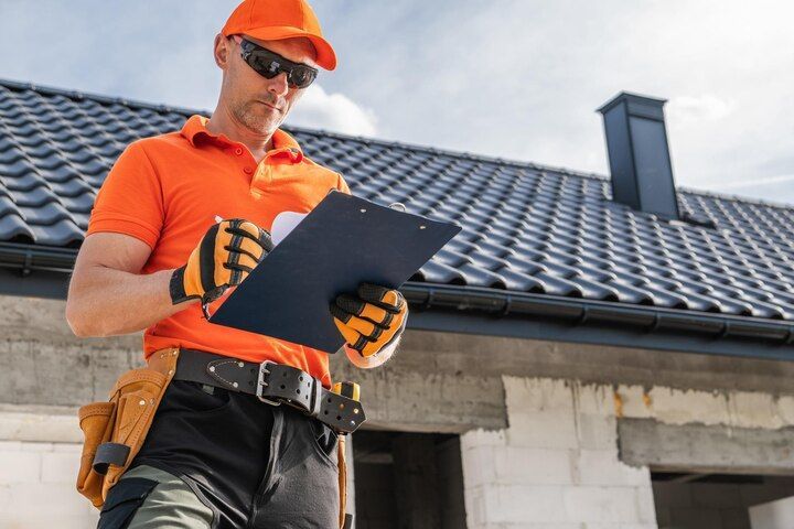 Construction worker in orange safety gear holding a clipboard beside a rooftop