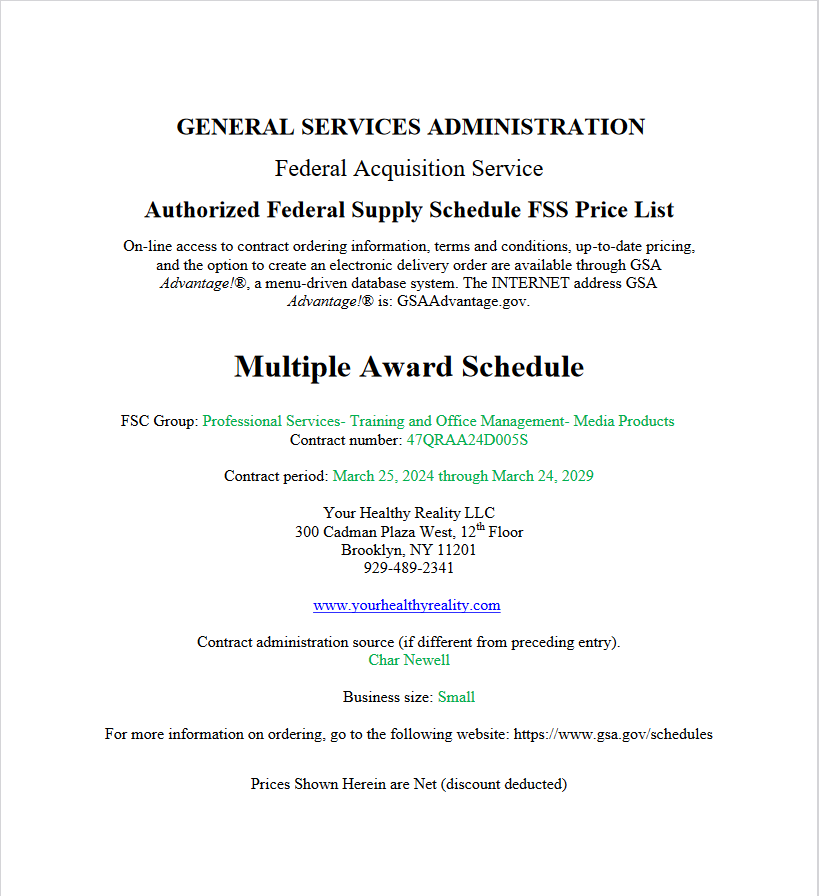 GSA price list. Contains information on services and pricing for the Federal Supply Schedule.