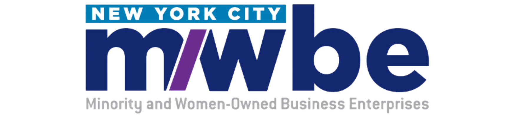 New York City MWBE logo. Dark blue letters with purple diagonal line, with