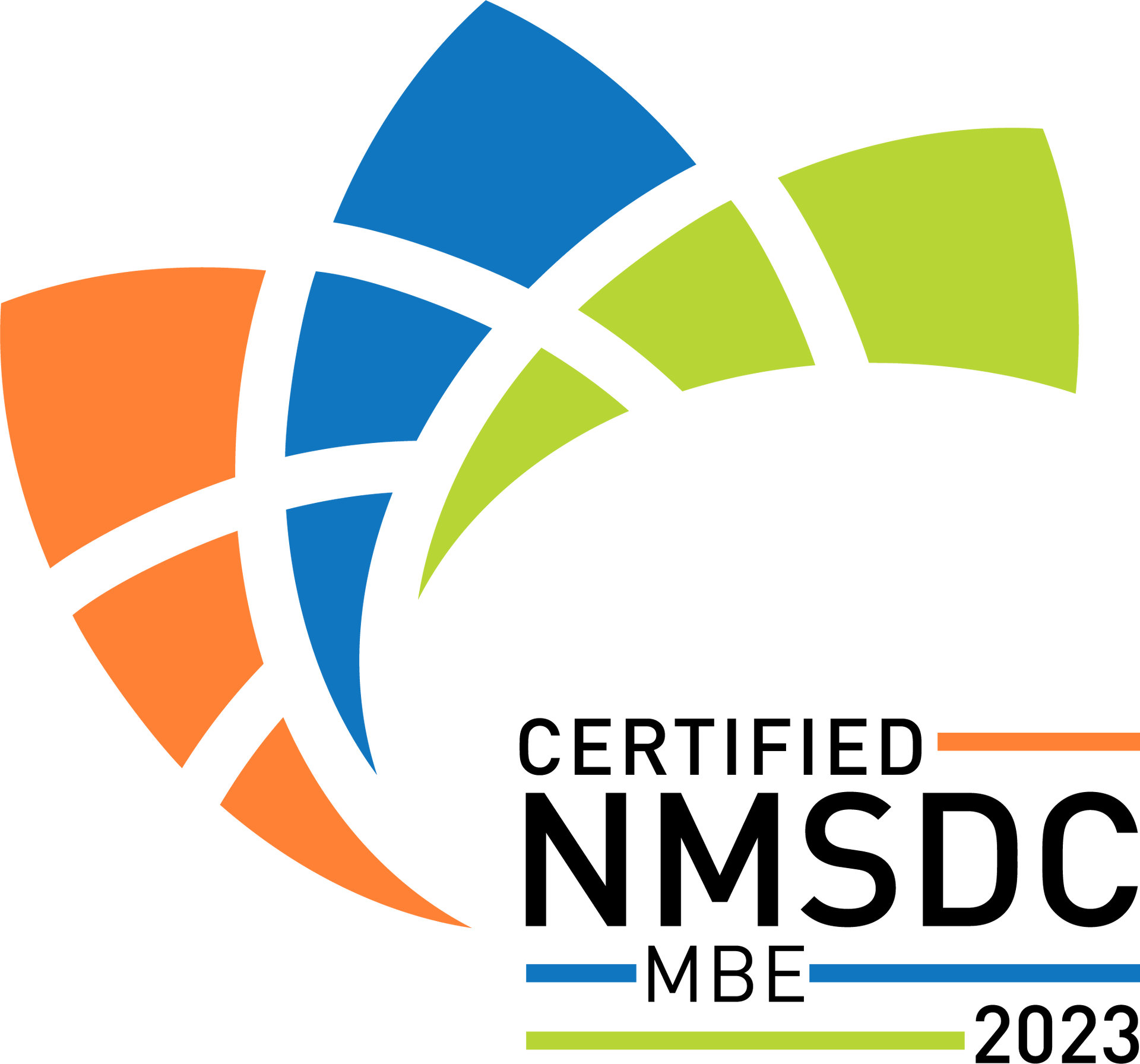 NMSDC Certified MBE 2023 logo: abstract design with orange, blue, and green segments, and text