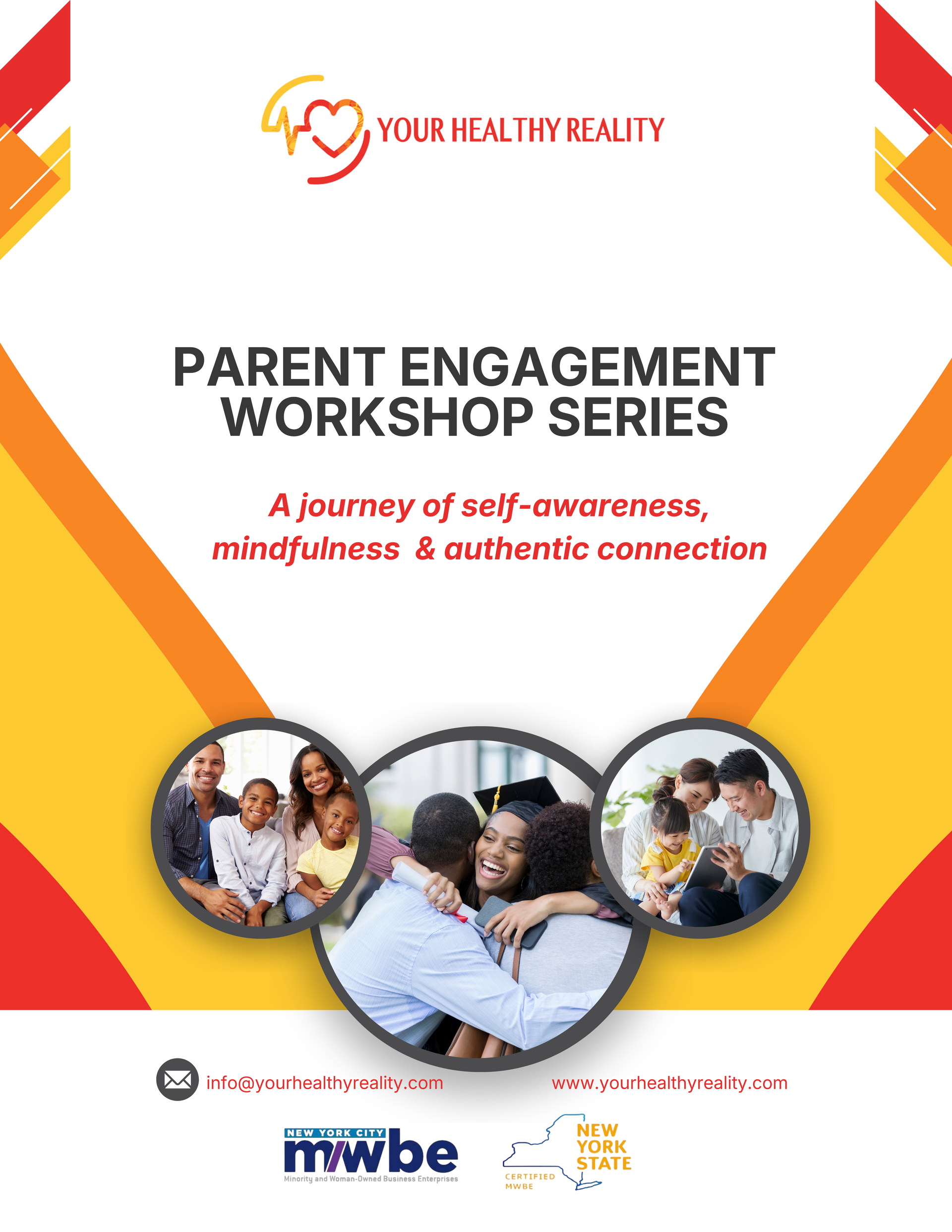 Flyer for a parent engagement workshop. Features text and family photos, with colorful geometric shapes in the background.