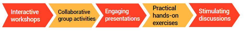 Process steps: workshops, group activities, presentations, exercises, discussions. Arrows between colored boxes.
