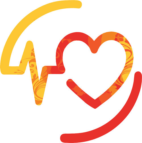 Heart symbol with a heartbeat line, orange and yellow floral design, health concept.