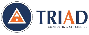 Logo for Triad Consulting Strategies, with a blue circle containing a white triangle inside an orange triangle.