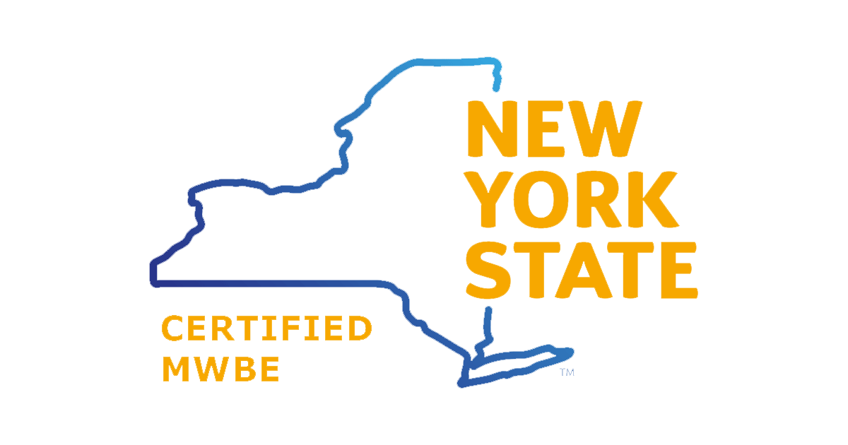 New York State certified MWBE logo with state outline and text in blue and gold.