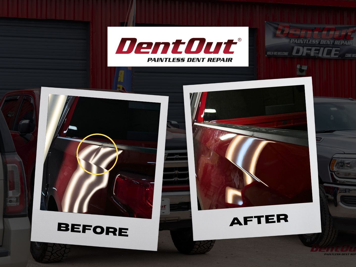 A before and after photo of a red truck with dents