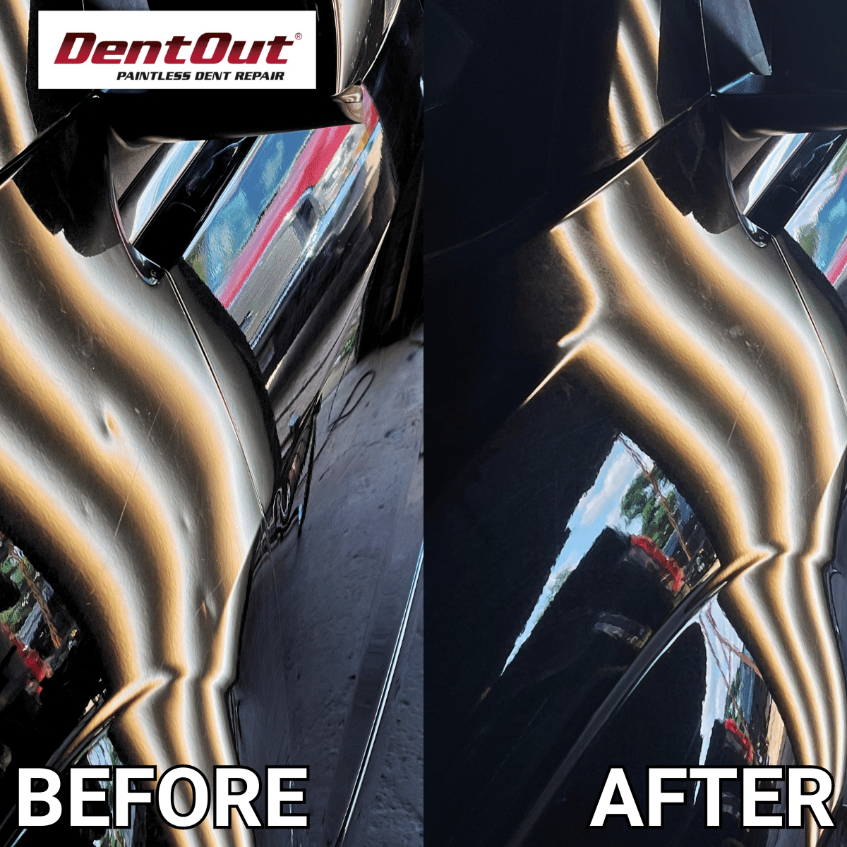 A before and after picture of a dent out car