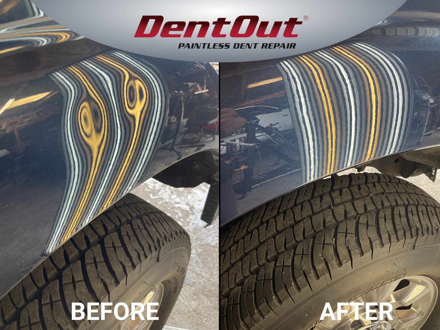 A before and after photo of a dent out paintless dent repair