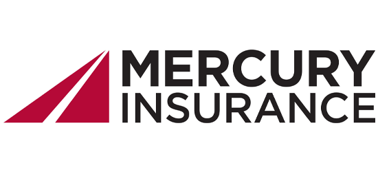 The logo for mercury insurance is red and black with a red arrow.