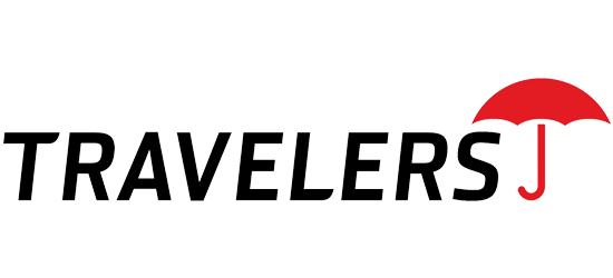 The logo for travelers j has a red umbrella on it.