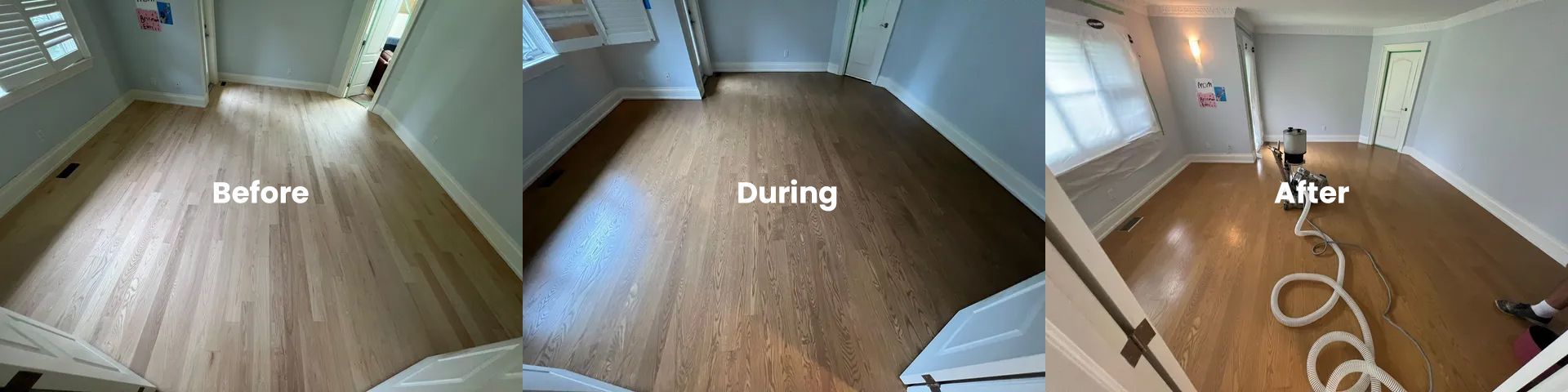 A before and after photo of a wooden floor in a room.