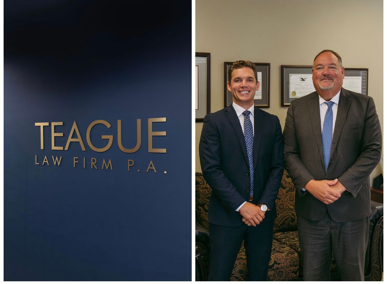 Two men in suits and ties are standing in front of a teague law firm logo.
