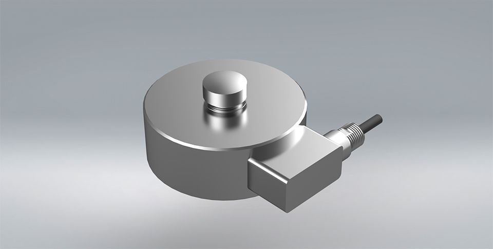 A 3d model of the C2S compression load cell, manufactured from stainless steel with a diaphragm design on a grey background.
