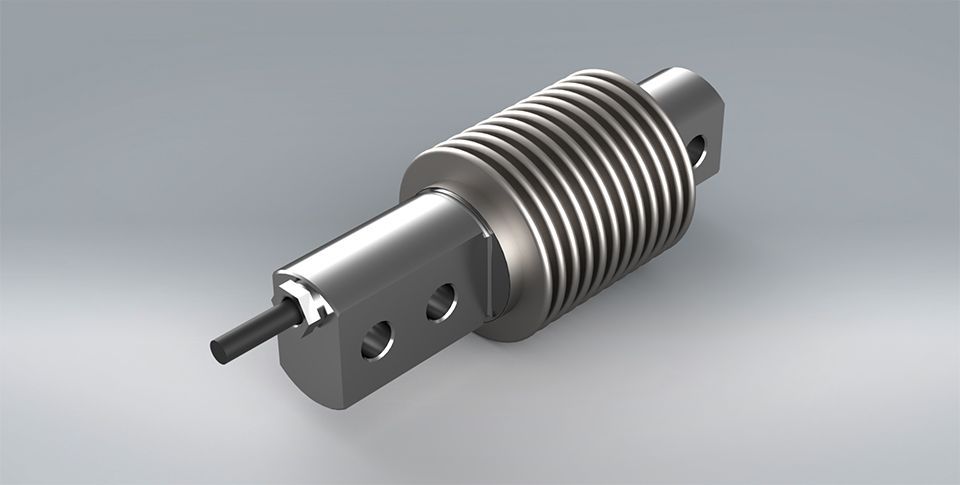 A close up of PCM's F1 welded cantilever load cell manufactured from stainless steel on a plain grey background.