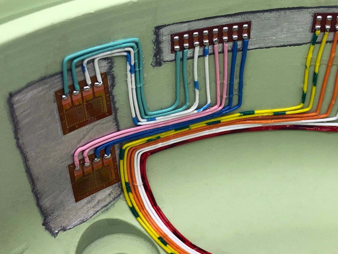 close up of strain gauging withing a wheel hub