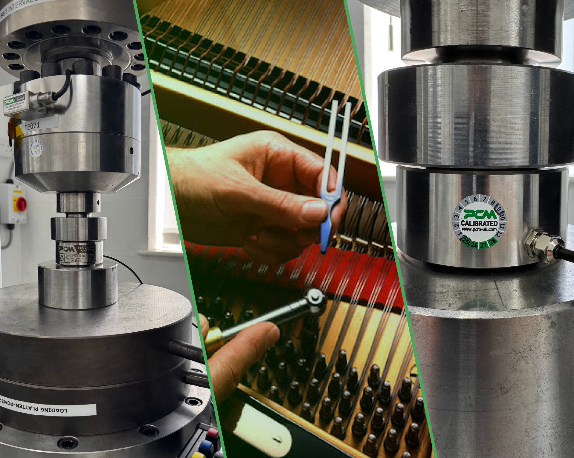 pictures of a load cell being calibrated on either side of a piano being tuned.