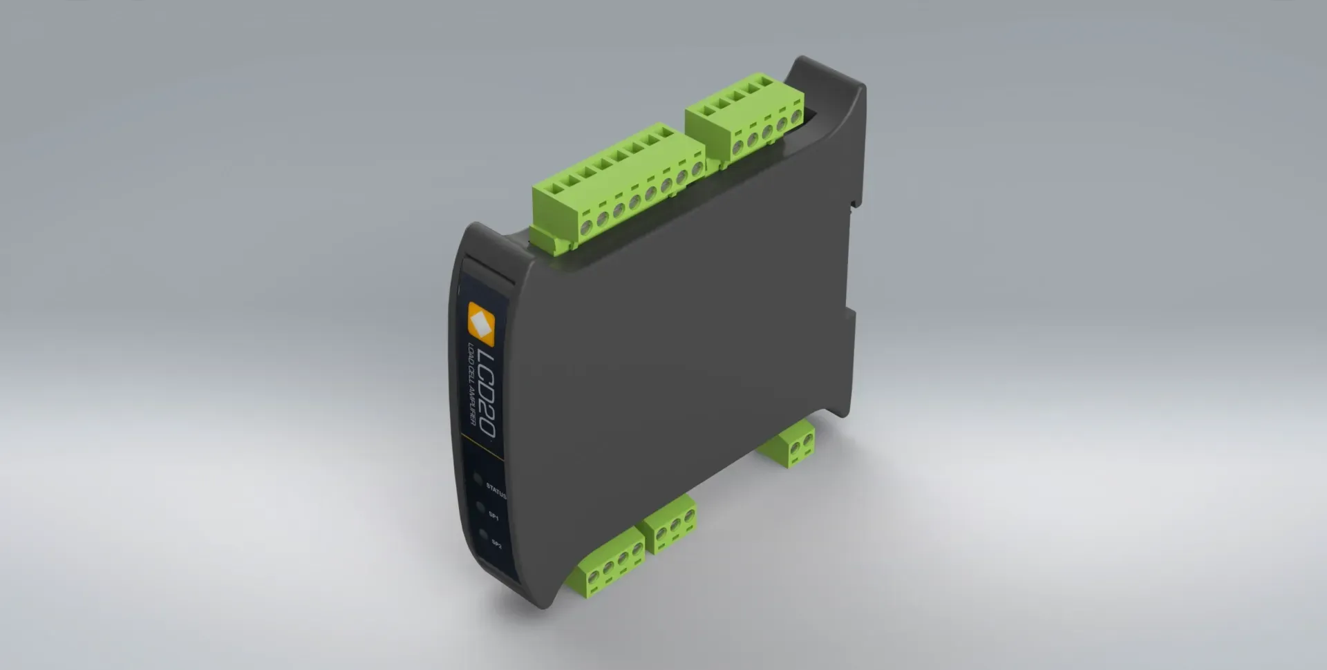 LCD20 DIN rail mount strain gauge amplifier on a light grey backdrop