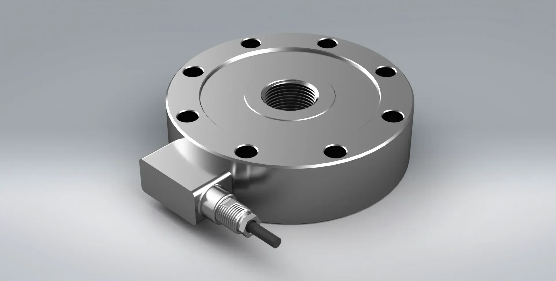 A close up design of the TC4 bi-directional pancake load cell for tension and compression measurement from stainless steel.