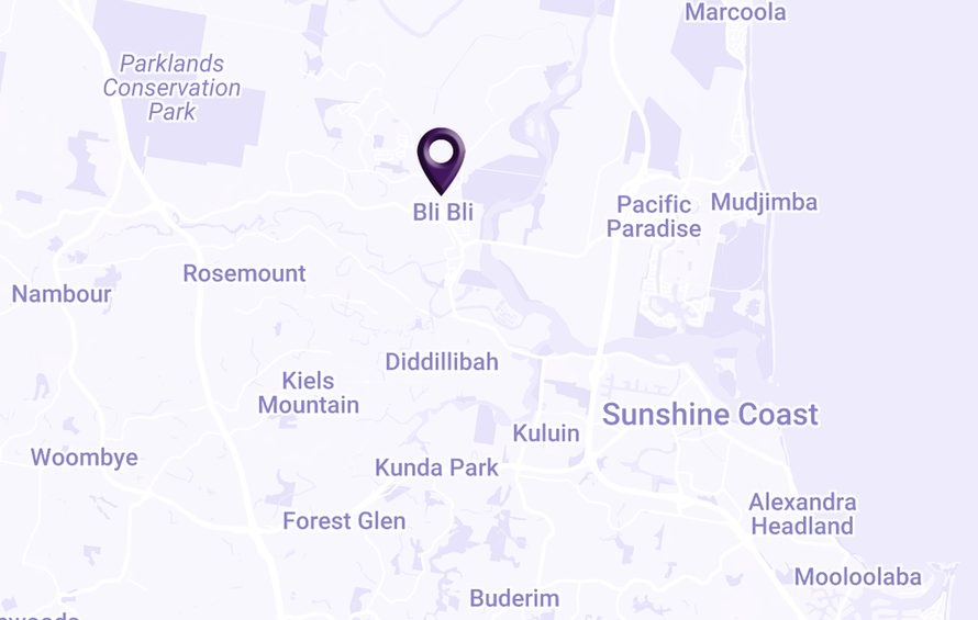 Map view with a purple location pin near Bli Bli on the Sunshine Coast, Australia