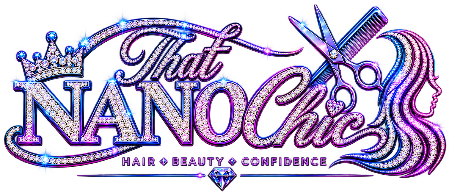Stylized purple and blue logo reading &ldquo;That NANO Chic&rdquo; with scissors and flowing hair