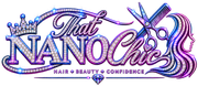 Stylized purple and blue logo reading “That NANO Chic” with scissors and flowing hair
