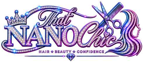 Stylized purple and blue logo reading “That NANO Chic” with scissors and flowing hair