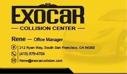 Yellow Exocar Collision Center business card with Rene&rsquo;s contact information and logo
