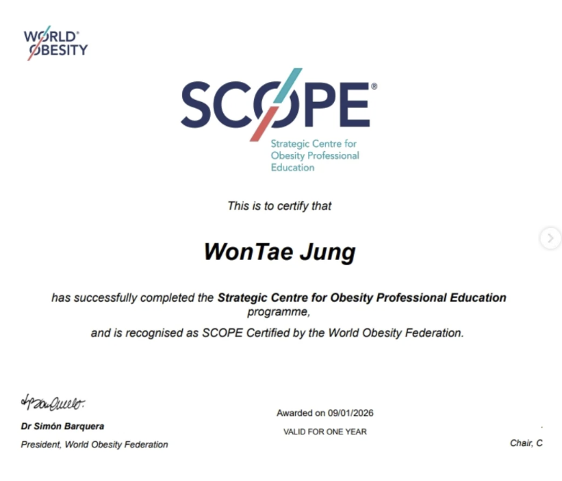 SCOPE certificate from the World Obesity Federation for Dr. Won Tae Jung