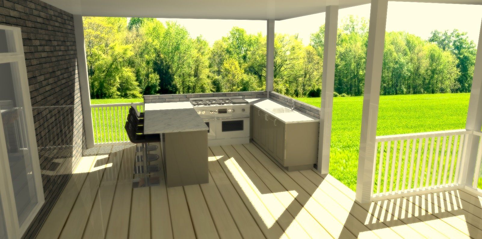 Outdoor kitchen on a deck, surrounded by trees. Grey cabinets, cooking appliances, and a white countertop.