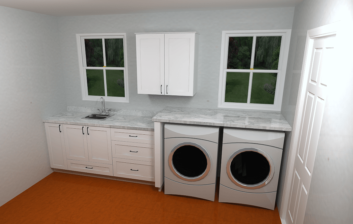 Laundry room with washer, dryer, cabinets, countertop, windows, and white door, on orange floor.