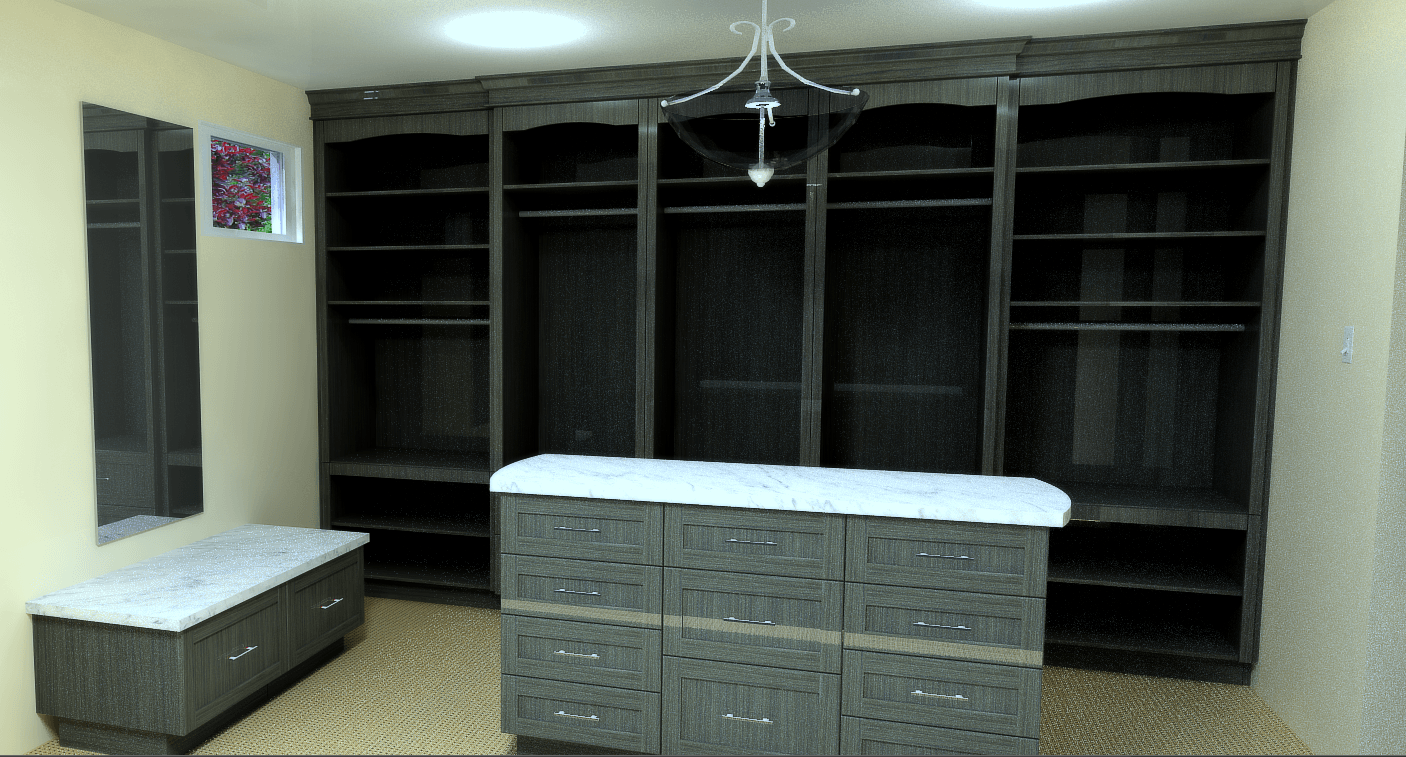 Walk-in closet with dark wood shelving, a center island, bench, and chandelier.
