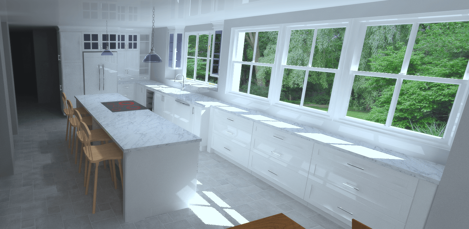 Bright, modern kitchen with white cabinets, large windows overlooking greenery, and island with seating.