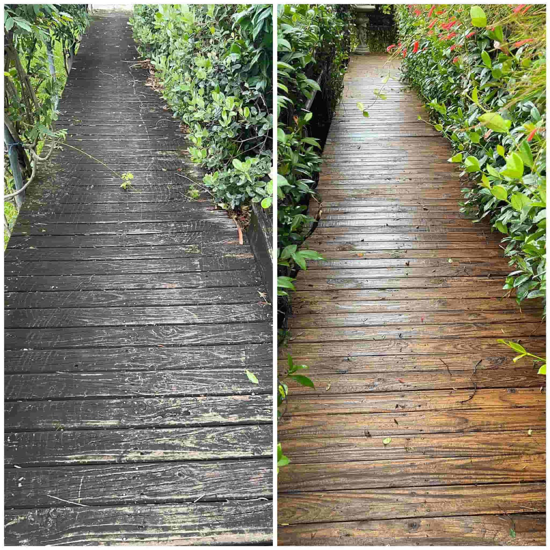 A Split-screen View Comparing a Weathered, Dark Wooden Walkway — South Coast Pressure Washer in Warilla, NSW
