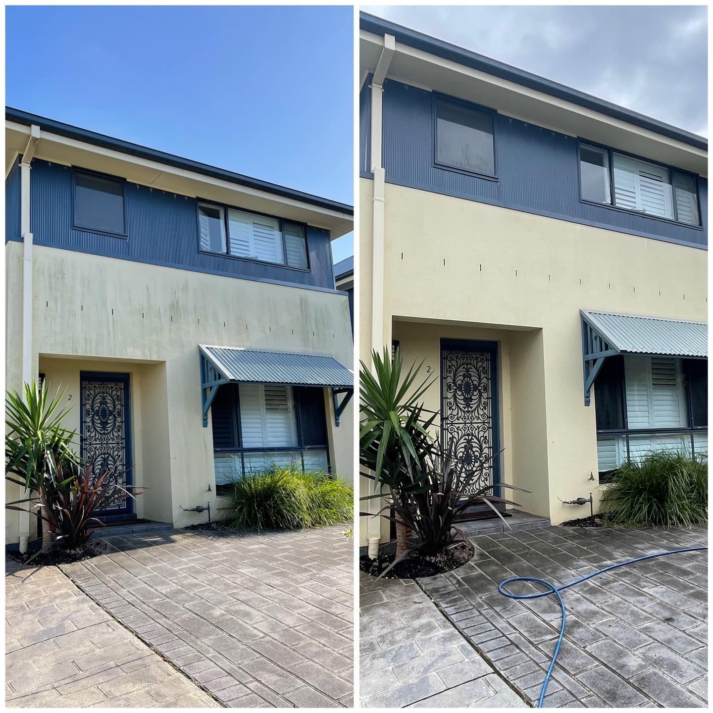 Before and after side-by-side comparison of a building exterior cleaned of grime and mold — South Coast Pressure Washer in Gerringong, NSW