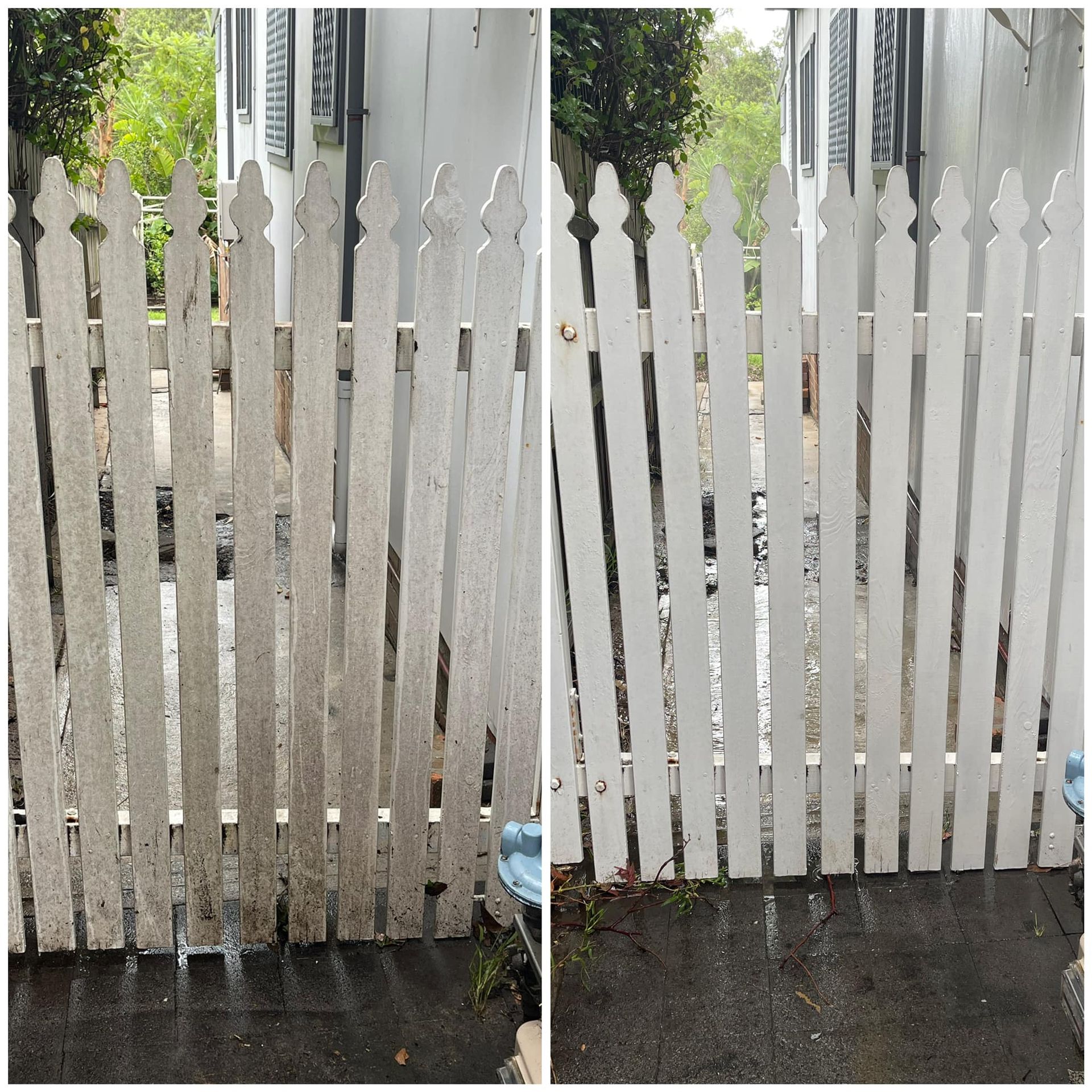 Before-and-after view of a white picket fence, showing the transition from dirty and weathered to clean and bright — South Coast Pressure Washer in Kiama, NSW