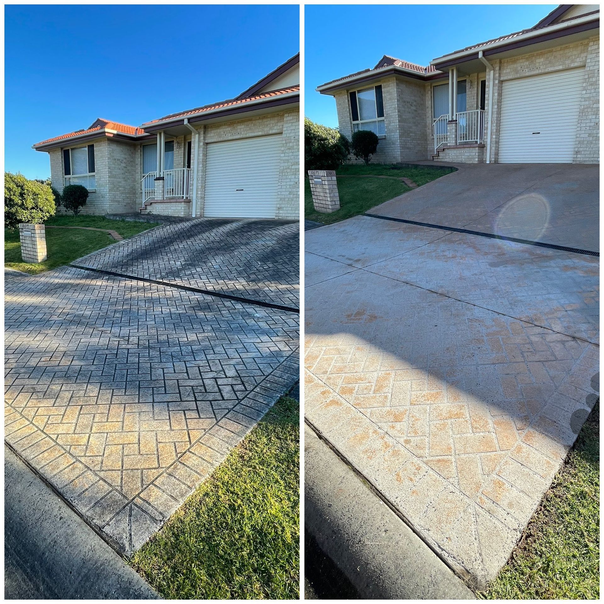 Before and after comparison of a driveway, showing the removal of dark buildup to reveal the clean brick pattern — South Coast Pressure Washer in Warilla, NSW