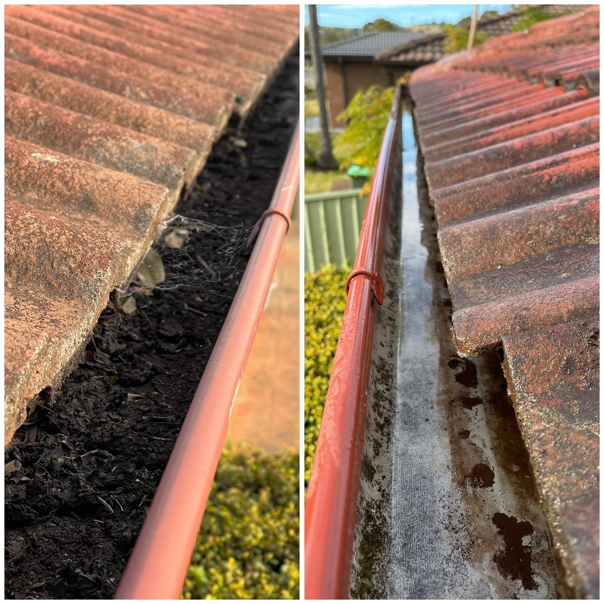 Before and after comparison of a roof gutter: on the left, it is full of soil and debris; on the right, it is cleaned out — South Coast Pressure Washer in Gerringong, NSW
