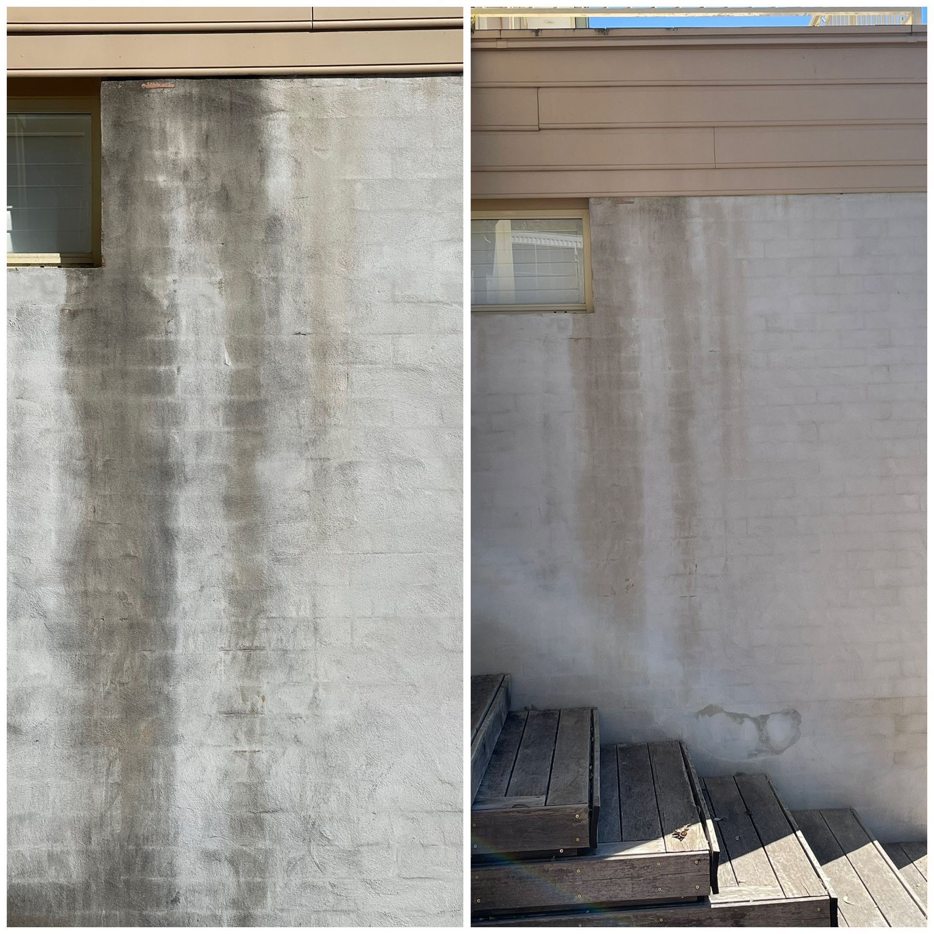 Before-and-after view of a concrete wall cleaned of dark, vertical streaks caused by water runoff — South Coast Pressure Washer in Nowra, NSW
