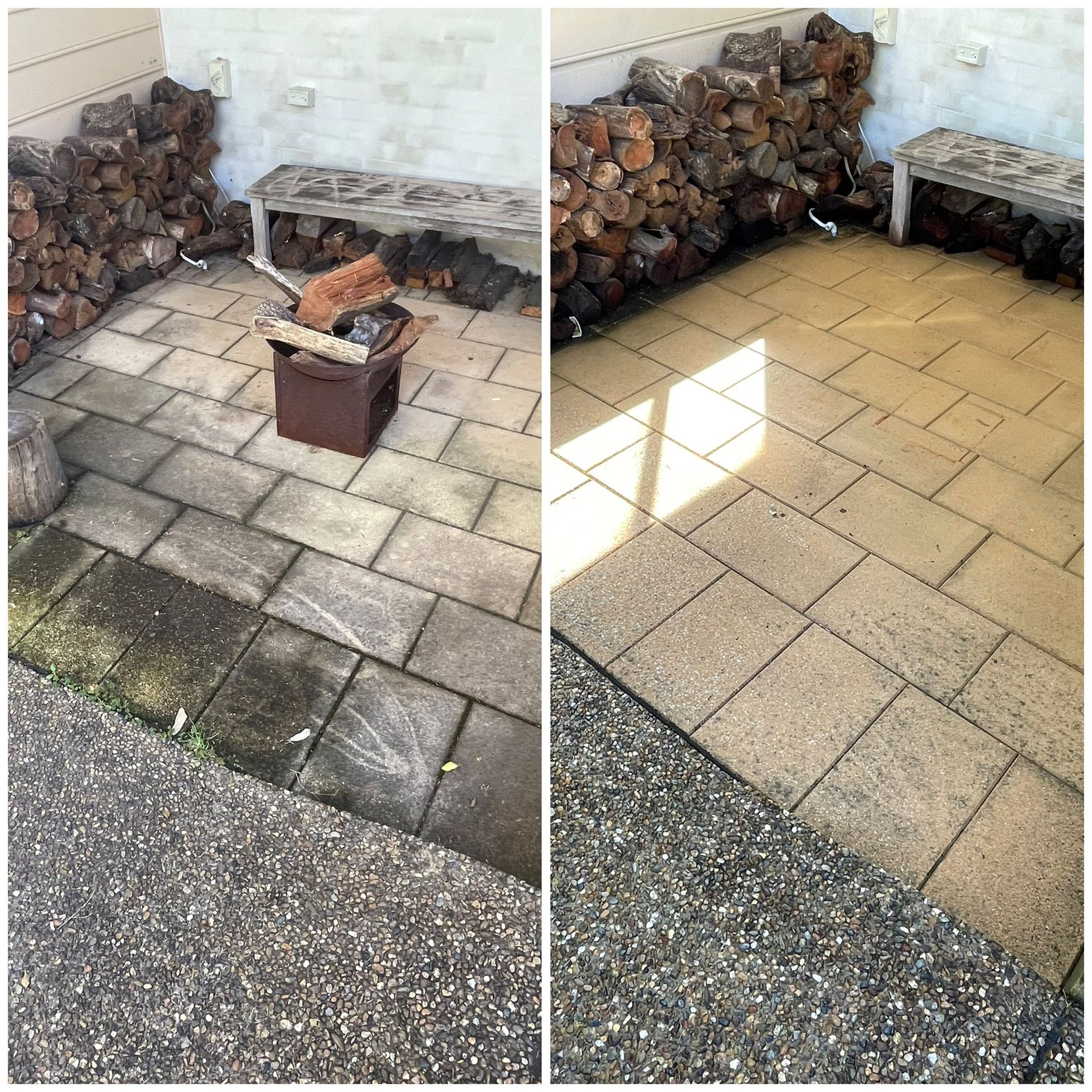A before-and-after comparison of a stone patio, showing dark, mossy pavers being cleaned to a bright, tan finish — South Coast Pressure Washer in Nowra, NSW