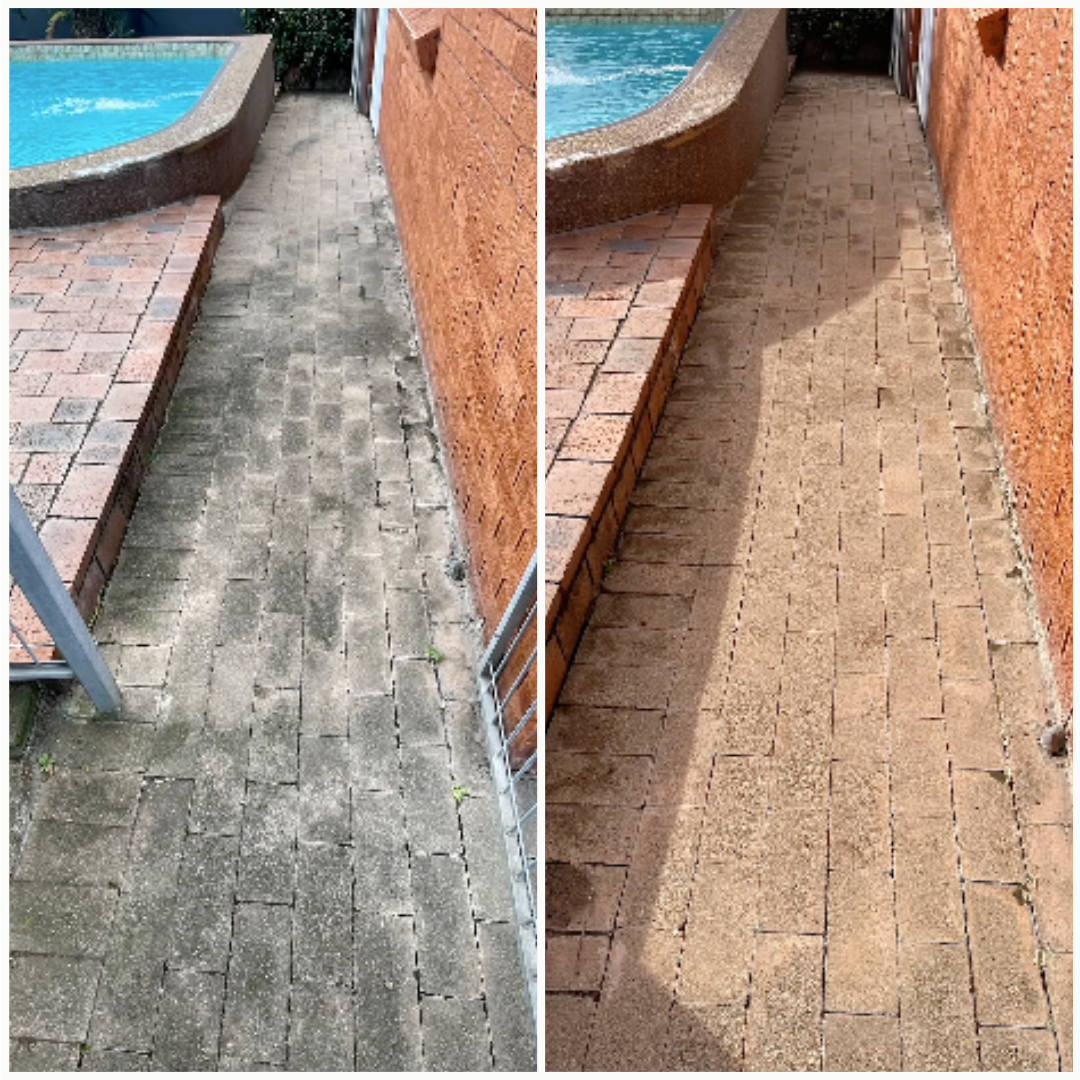Split View: a Person Uses a Pressure Washer to Clean a Concrete Walkway — South Coast Pressure Washer in Warilla, NSW