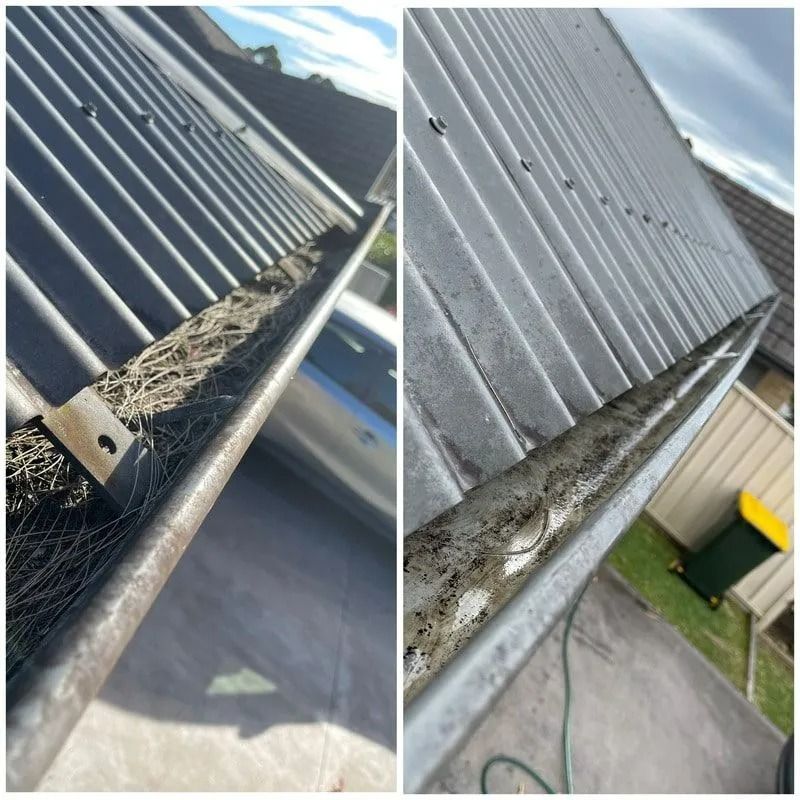 Split Image Showing Gutters Filled With Debris Before and After Cleaning — South Coast Pressure Washer in Warilla, NSW