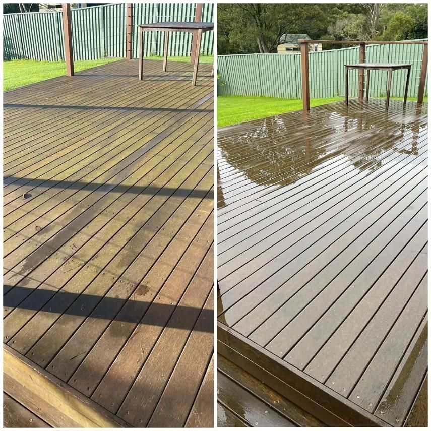 Split View of a Wooden Deck Before and After Professional Cleaning — South Coast Pressure Washer in Warilla, NSW